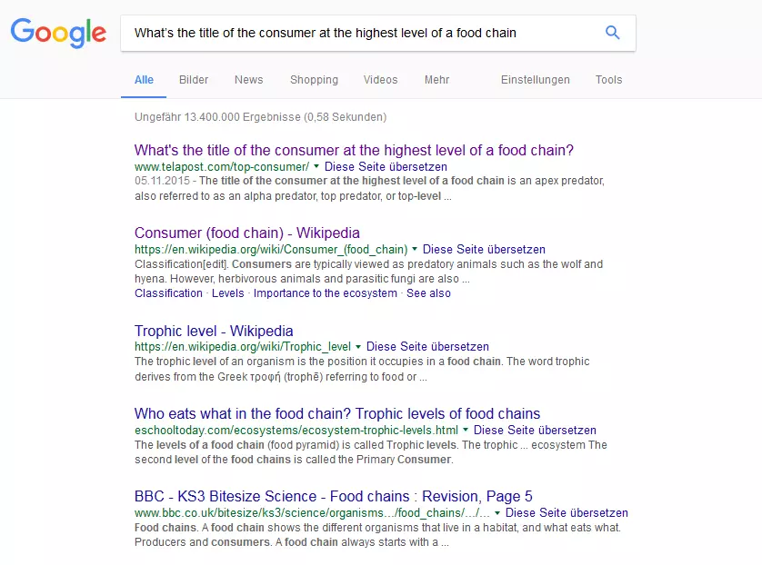 SERP di Google per la frase “What’s the title of the consumer at the highest level of a food chain“