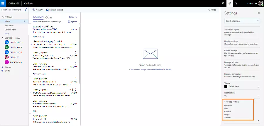 Screenshot del menu a cascata per le impostazioni della web app di Microsoft Outlook