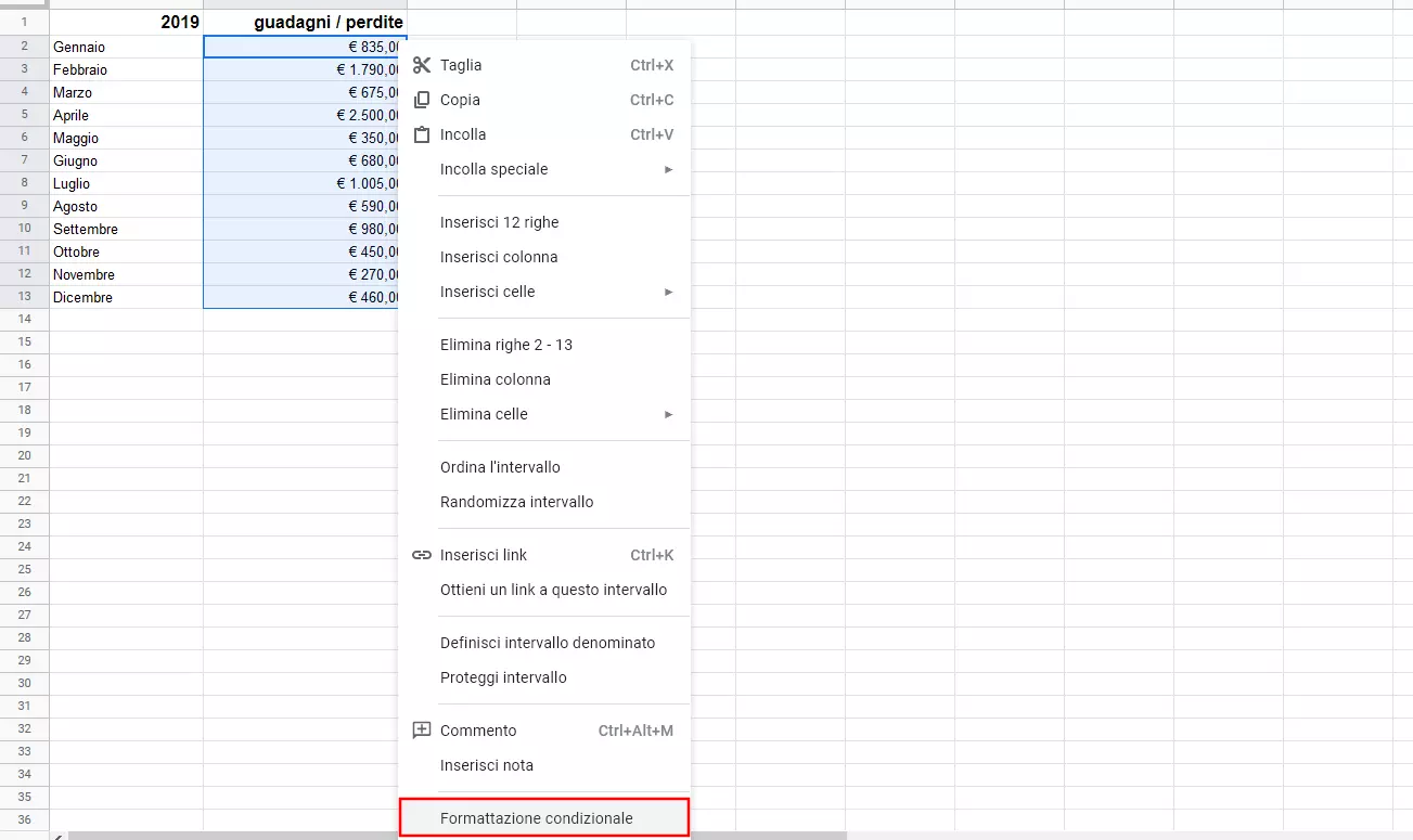 Google Sheets: tabella con intervallo evidenziato