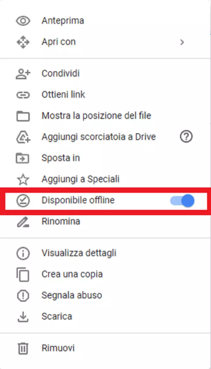 Google Docs con l’opzione “Disponibile offline”