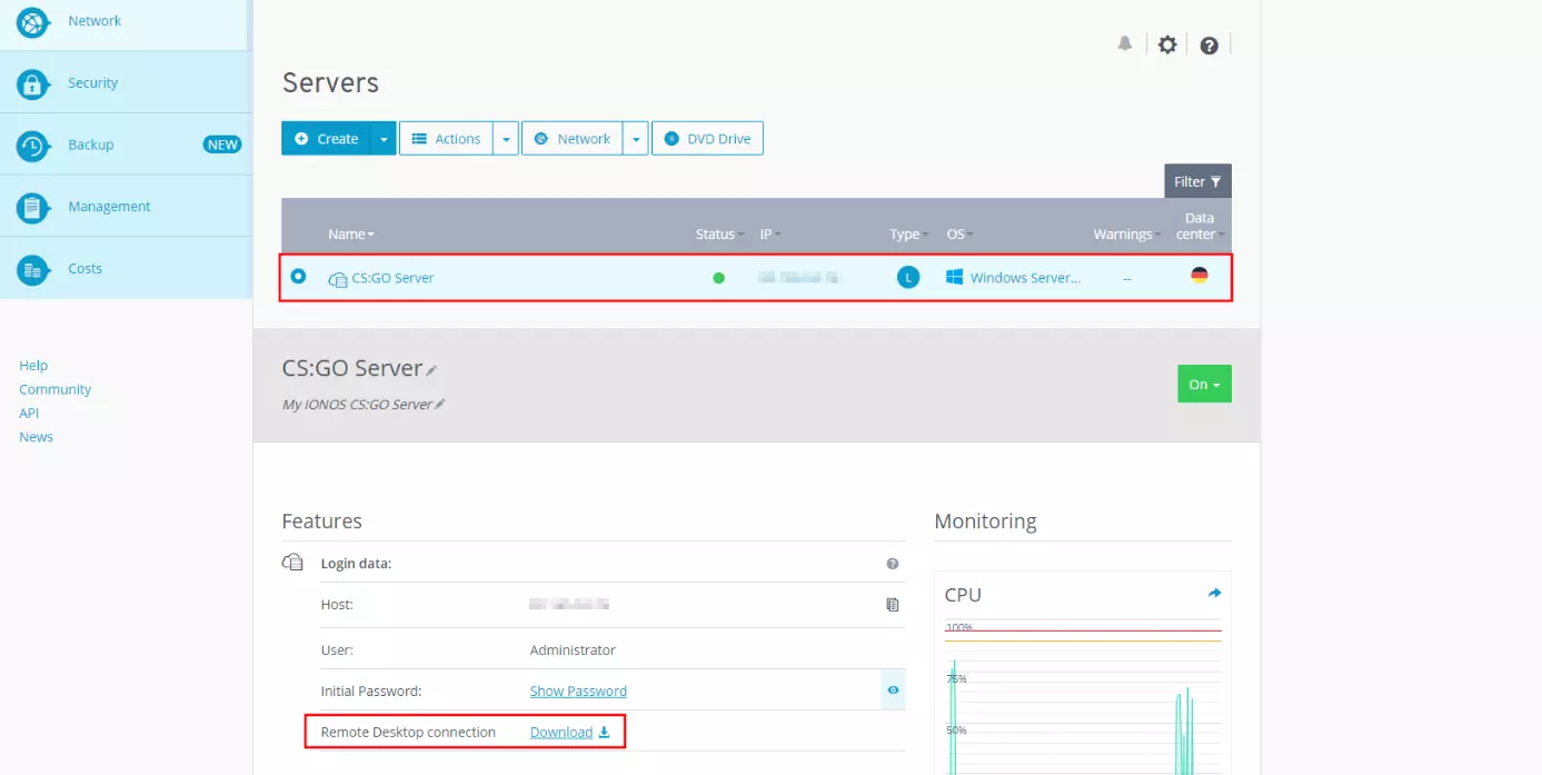 IONOS Cloud Panel: dati e informazioni sul server