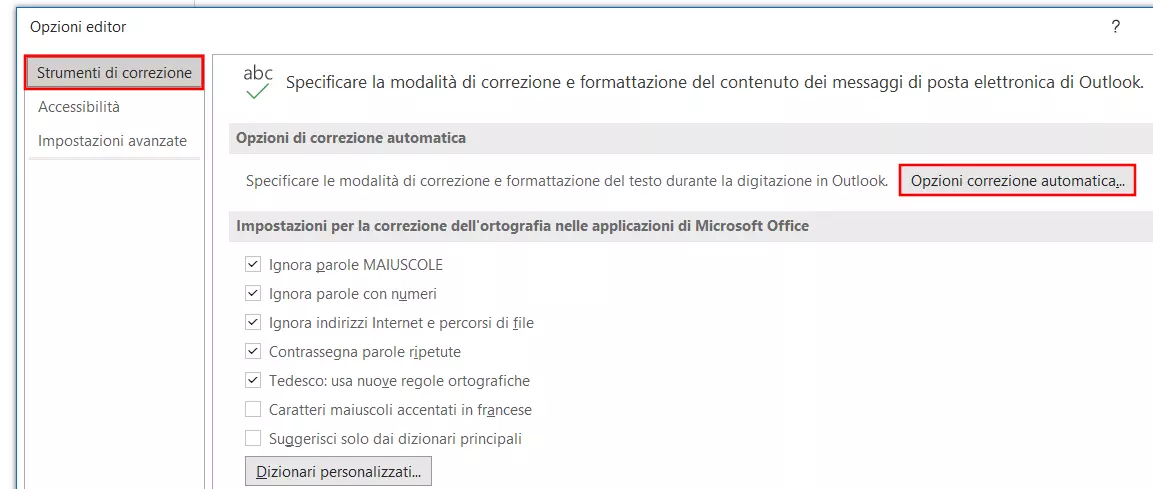 Opzioni dell’editor di Outlook: sezione “Strumenti di correzione”