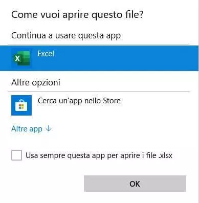 Selezione dell’app per l’apertura dei file Excel