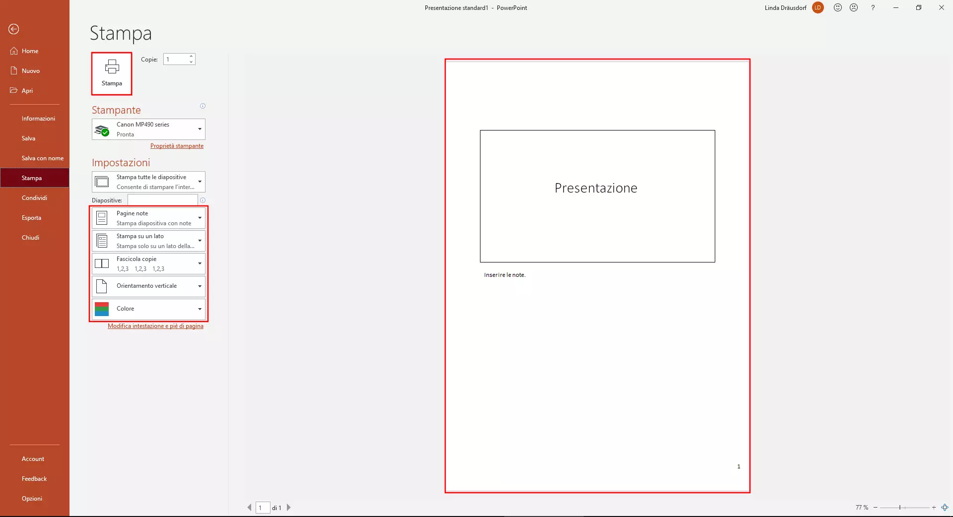 Stampare le note di PowerPoint: impostazioni di stampa