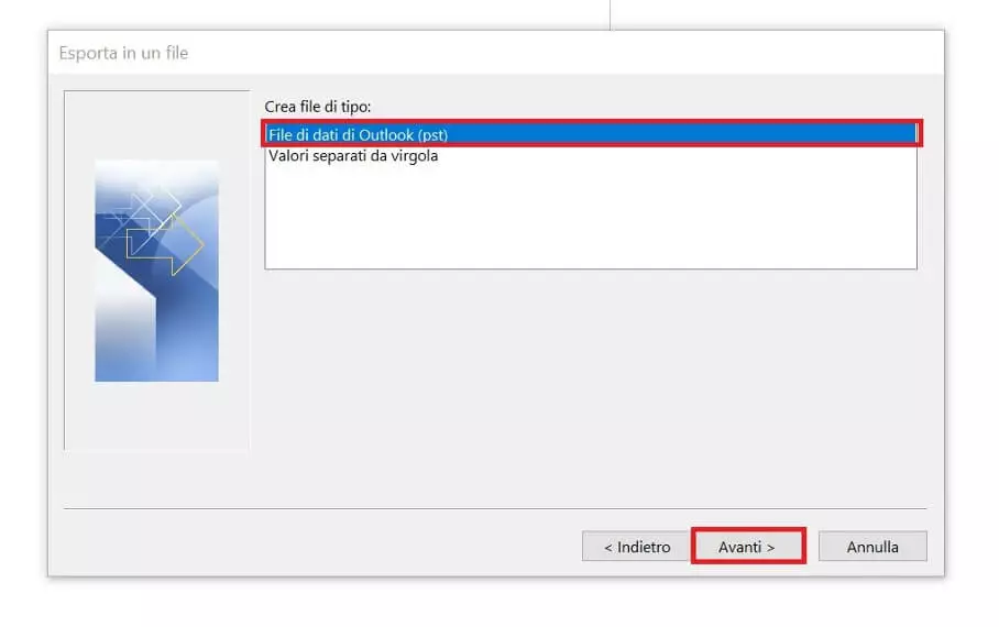 Procedura guidata di importazione ed esportazione di Outlook: tipi di file disponibili