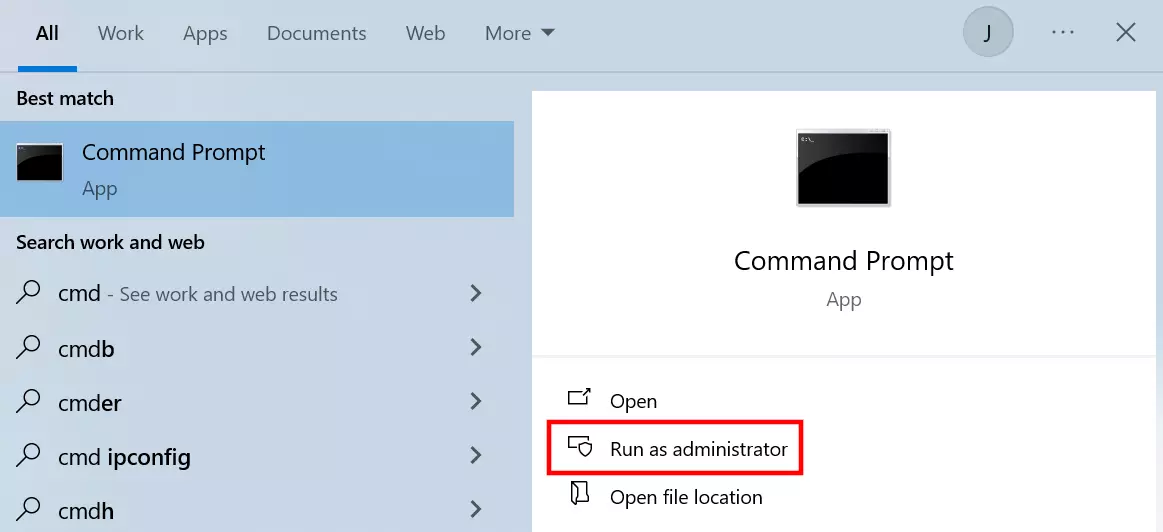 Ricerca del prompt dei comandi in Windows 10