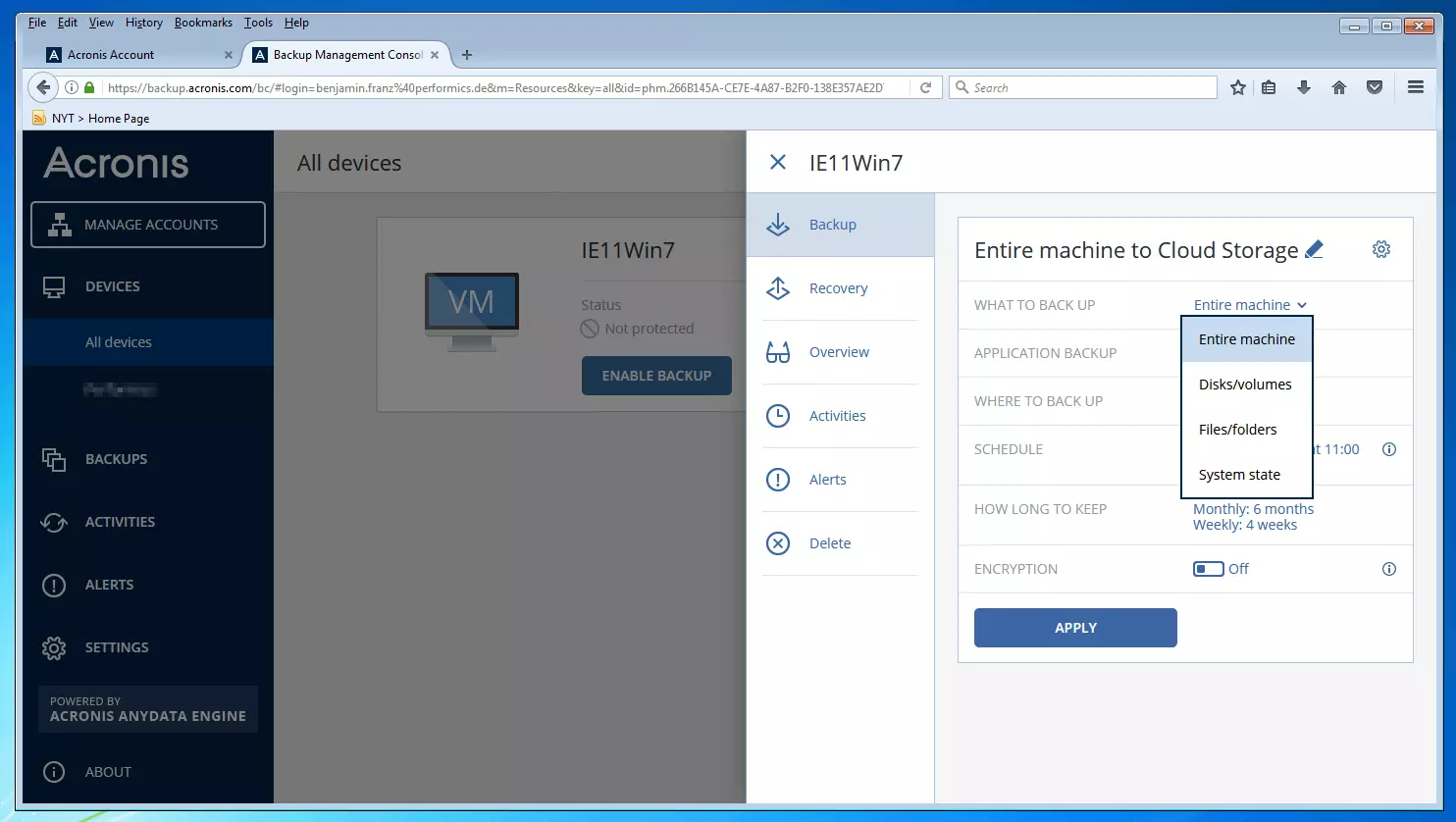 Console di gestione dei backup Acronis Backup 12.5: scelta della sorgente di dati