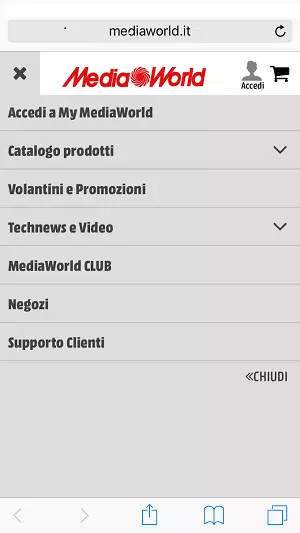 Screenshot del negozio online di Media World da dispositivo mobile