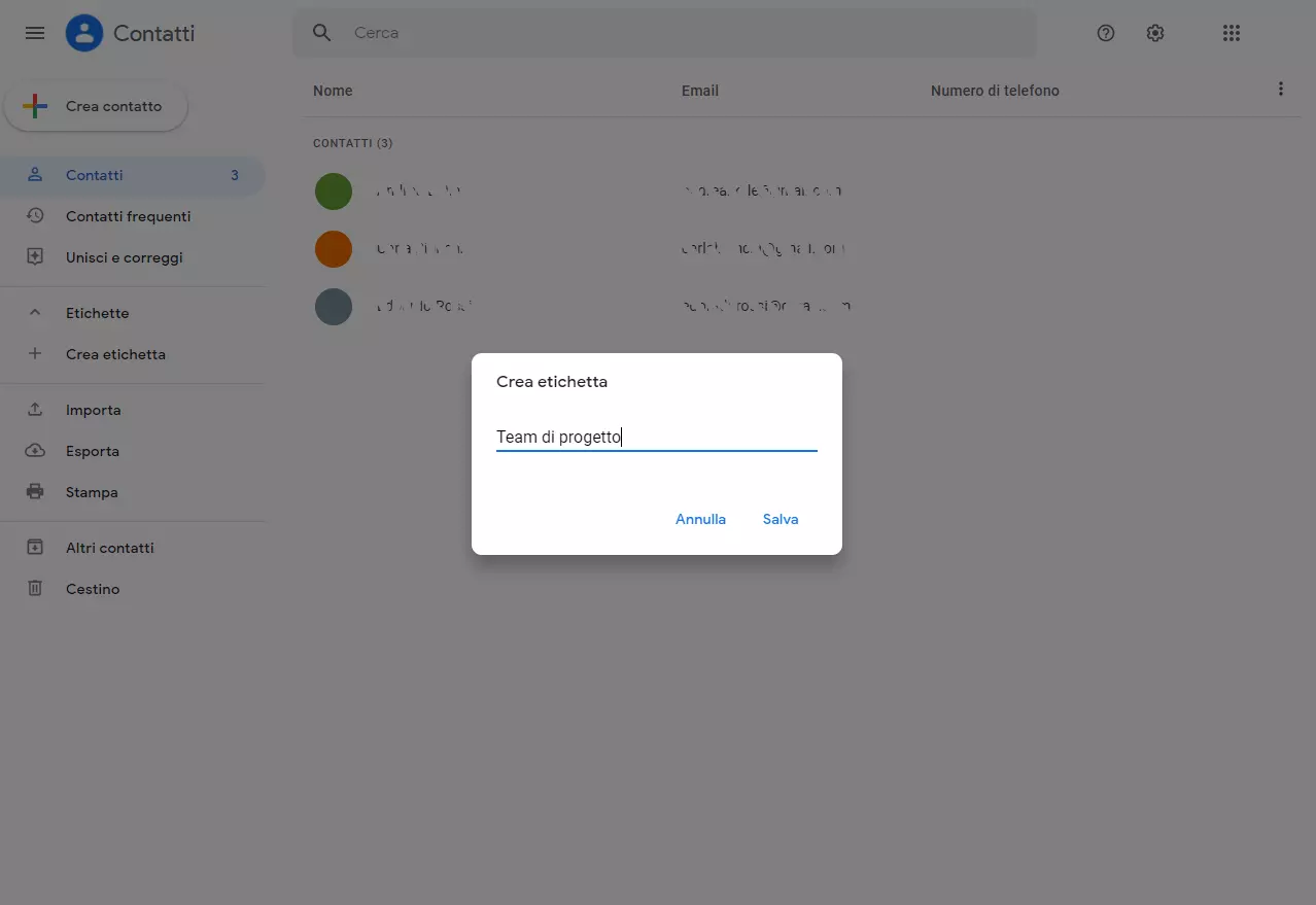 Contatti Google: casella “Crea etichetta”