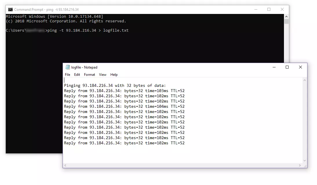 Ping con reindirizzamento dell'output standard in un file di testo