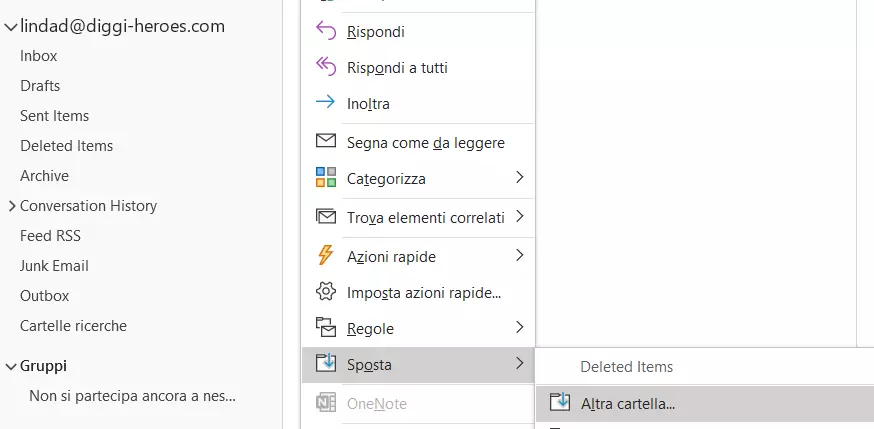 Menu di scelta rapida di un'e-mail nella cartella “Posta eliminata”