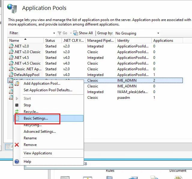 Gestore IIS, Pool di applicazioni: menu contestuale, voce “Impostazioni di base”