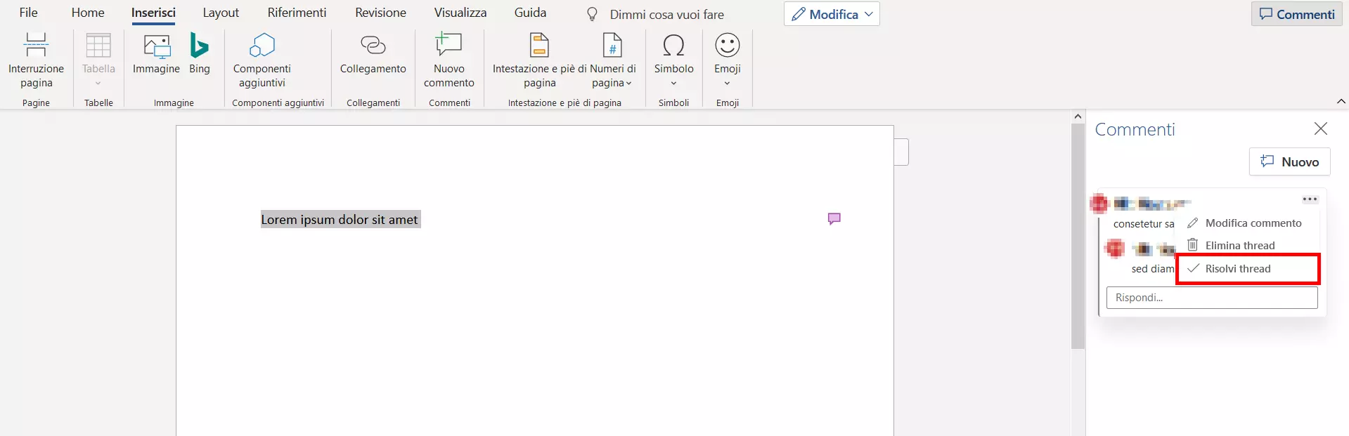“Risolvi thread” su Word 2016
