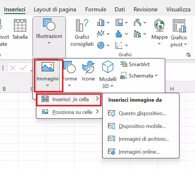 Menu Excel: inserisci immagini in cella