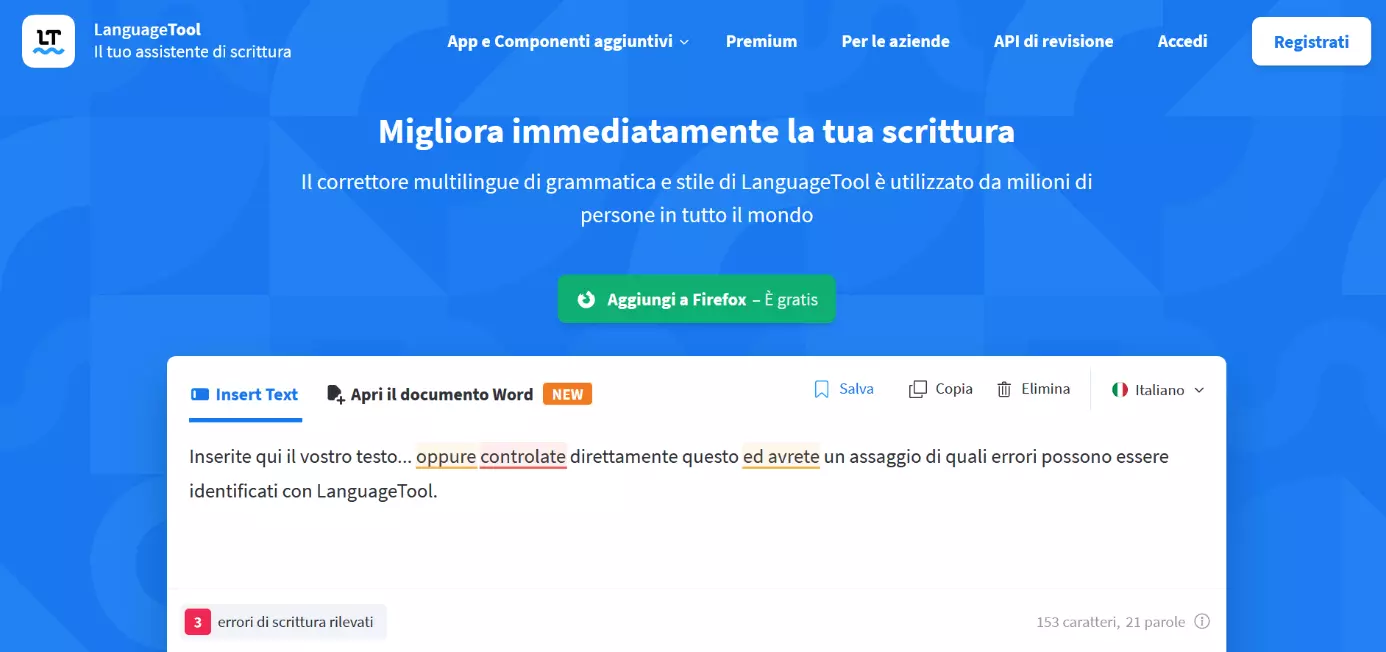 La pagina web del correttore grammaticale LanguageTool