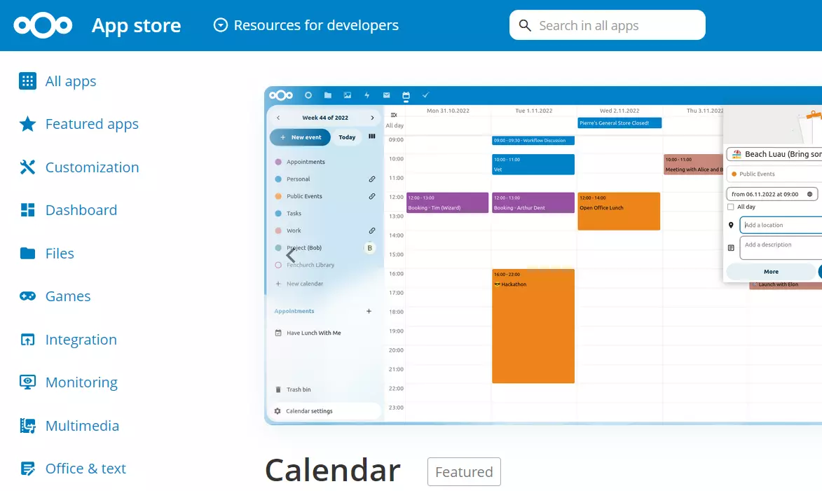 Calendar nell’app store di Nextcloud