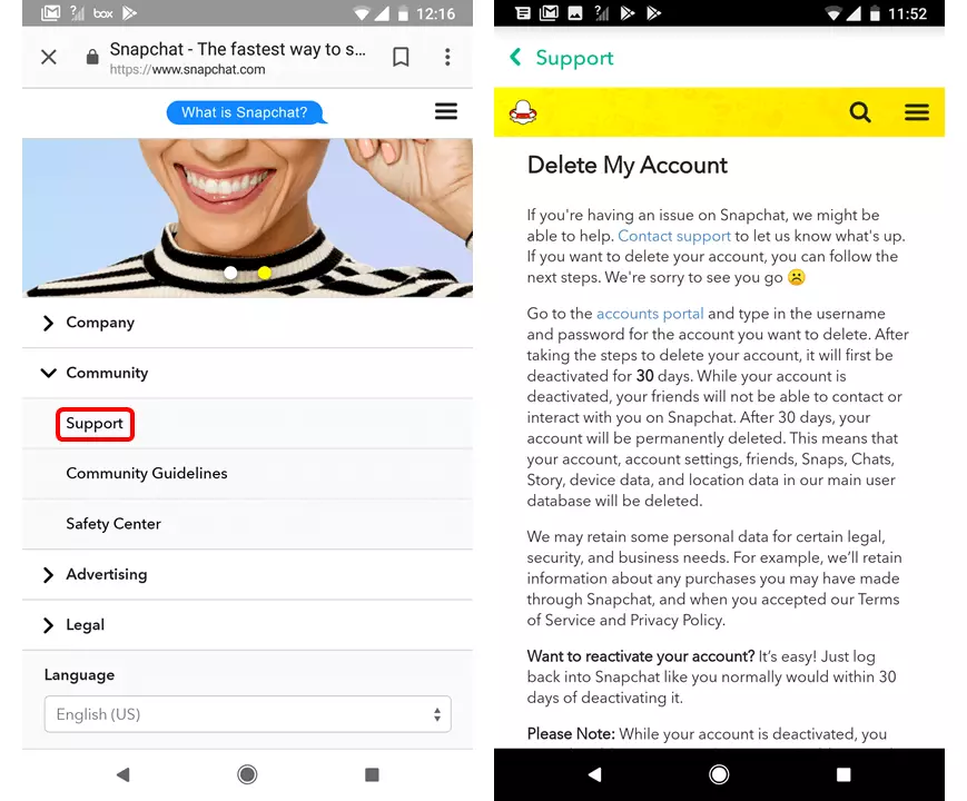 La pagina per eliminare l’account di Snapchat via browser web