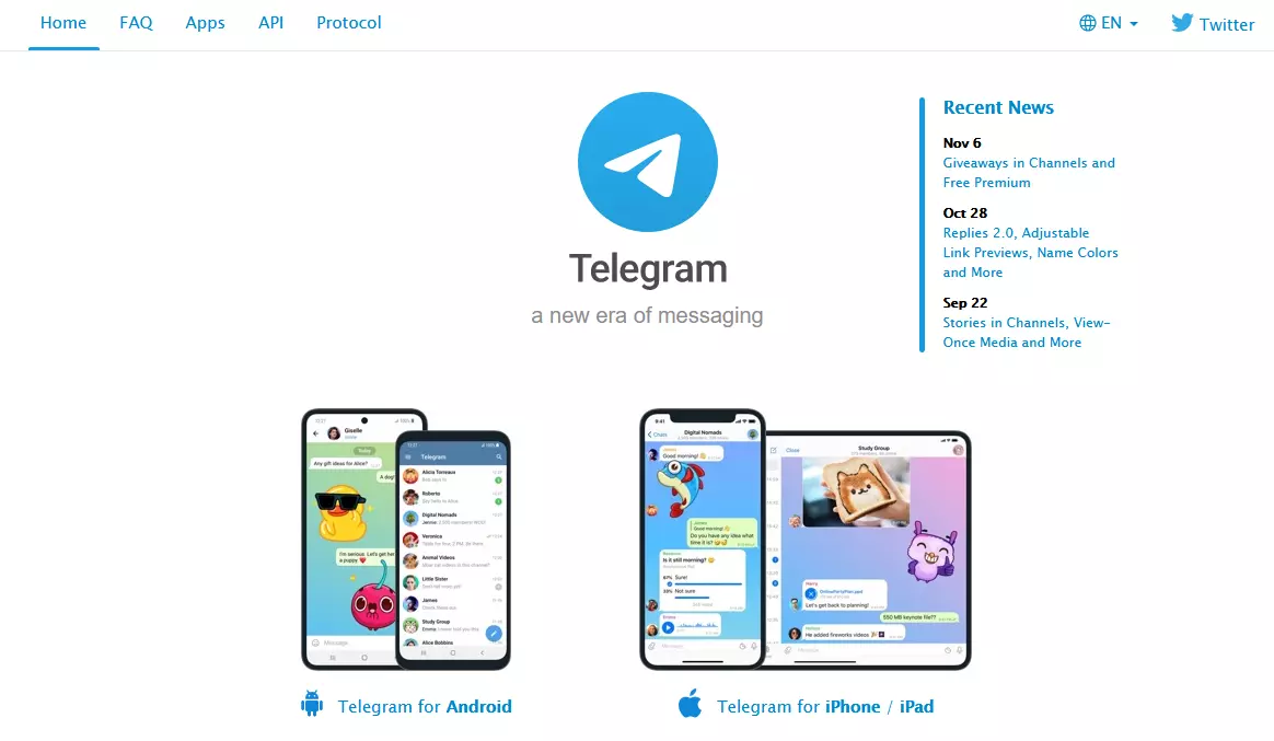 Screenshot della pagina web di Telegram