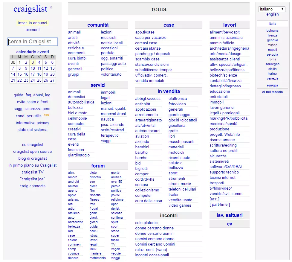 Homepage del sito di annunci Craigslist