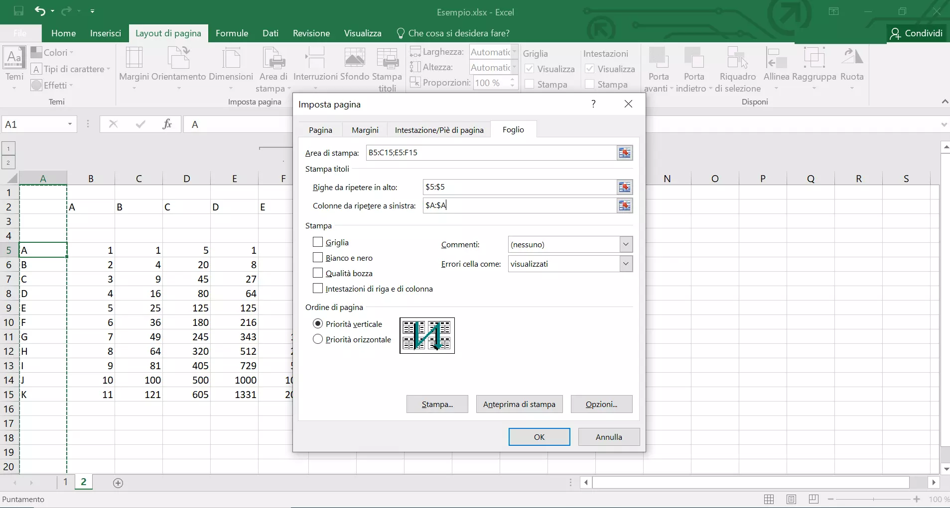 Impostare le righe e le colonne da ripetere tramite Stampa titoli in Excel