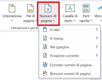 Menu per i numeri di pagina di Word