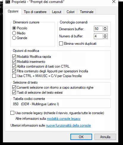 Proprietà del prompt dei comandi di Windows