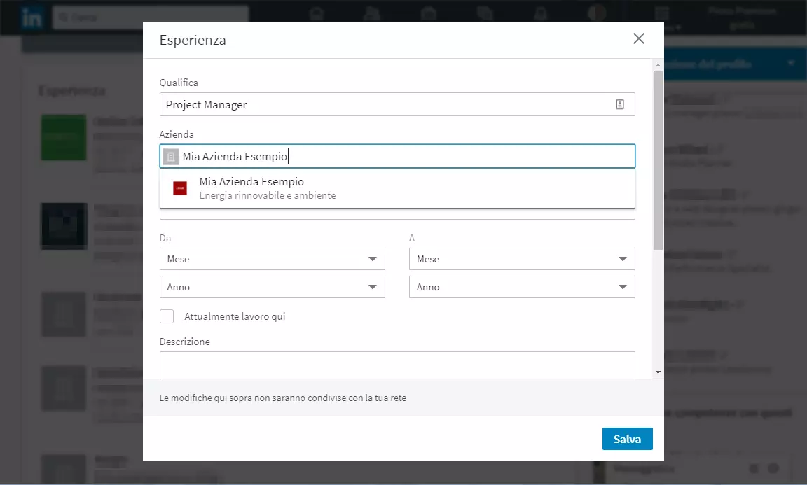 Menu “Esperienza” su LinkedIn con suggerimento dell’azienda di esempio