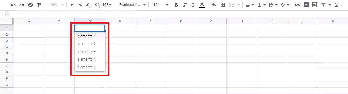 Elementi del menu a discesa di Google Sheets