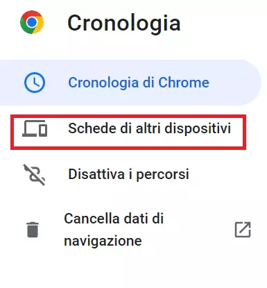 Screenshot delle opzioni relative alla cronologia di Google nel browser Chrome