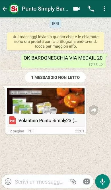 Screenshot della newsletter su WhatsApp di Punto Simply Bardonecchia