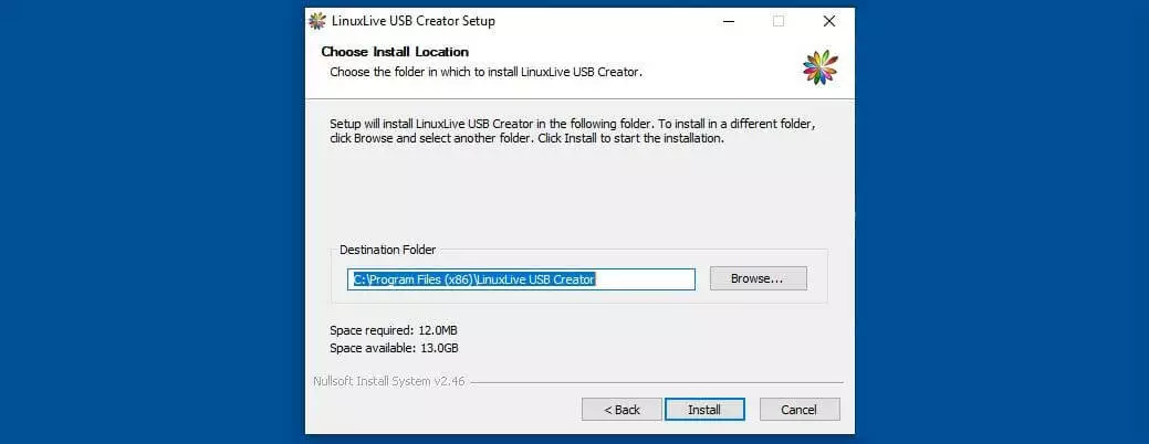 Selezionate il percorso di installazione di LinuxLive USB Creator