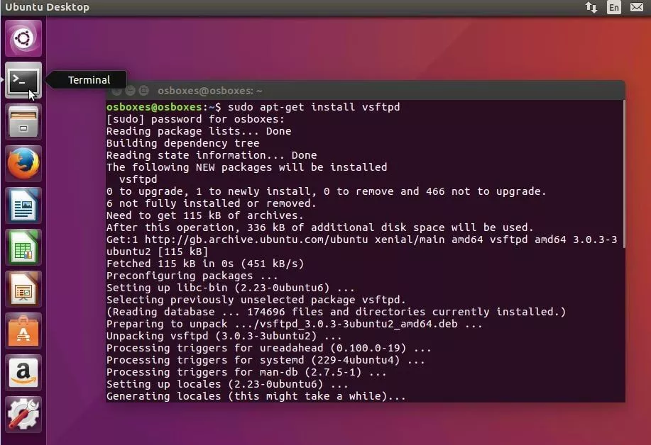 Terminale di Ubuntu: installazione di vsftpd