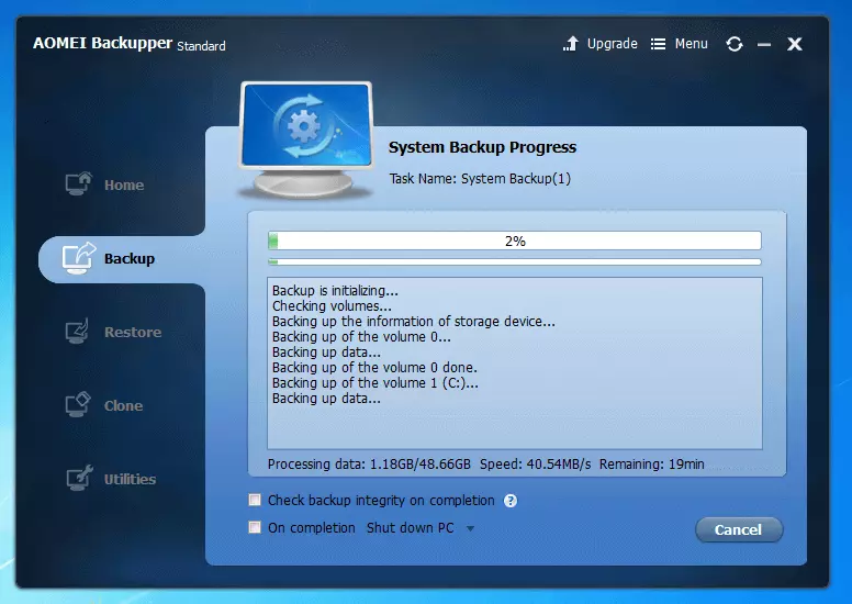Aomei Backupper Standard 4.0.6: processo di backup