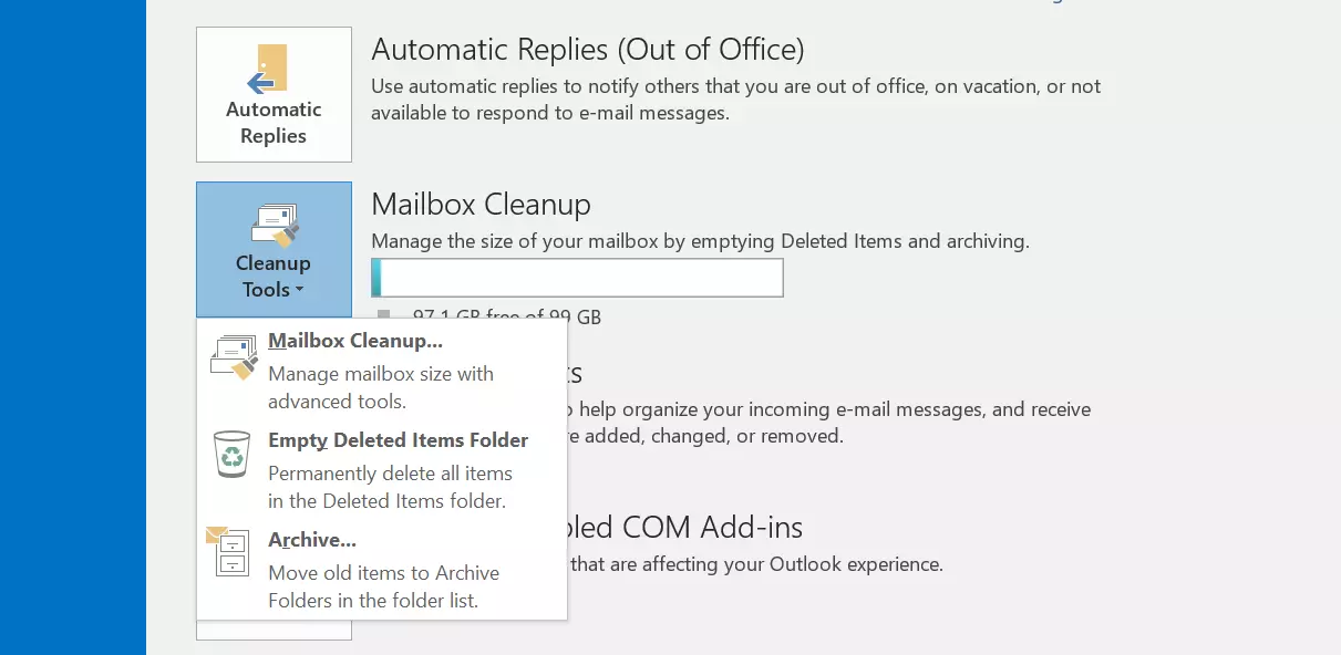 Microsoft Outlook 2016: scheda “File”, tasto “Strumenti di pulizia”