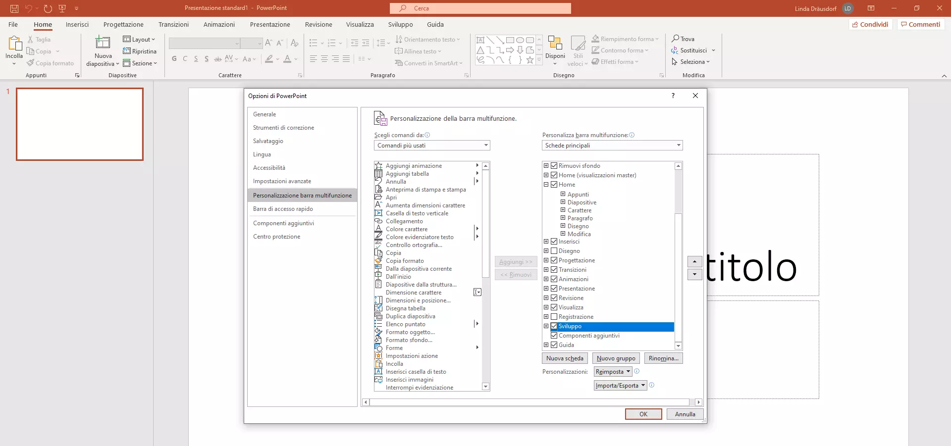 Finestra con le Opzioni di PowerPoint in PowerPoint 365