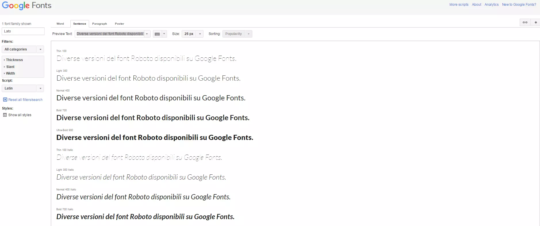 Diverse versioni del font Roboto disponibili su Google Fonts