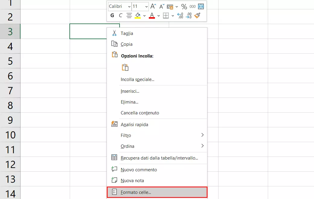 Schermata di celle evidenziate e del menu contestuale aperto