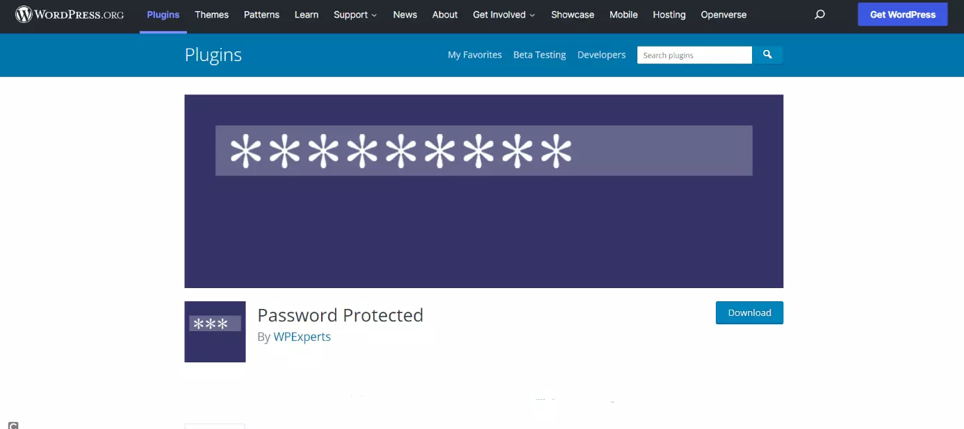 Pagina web del plugin Password Protected