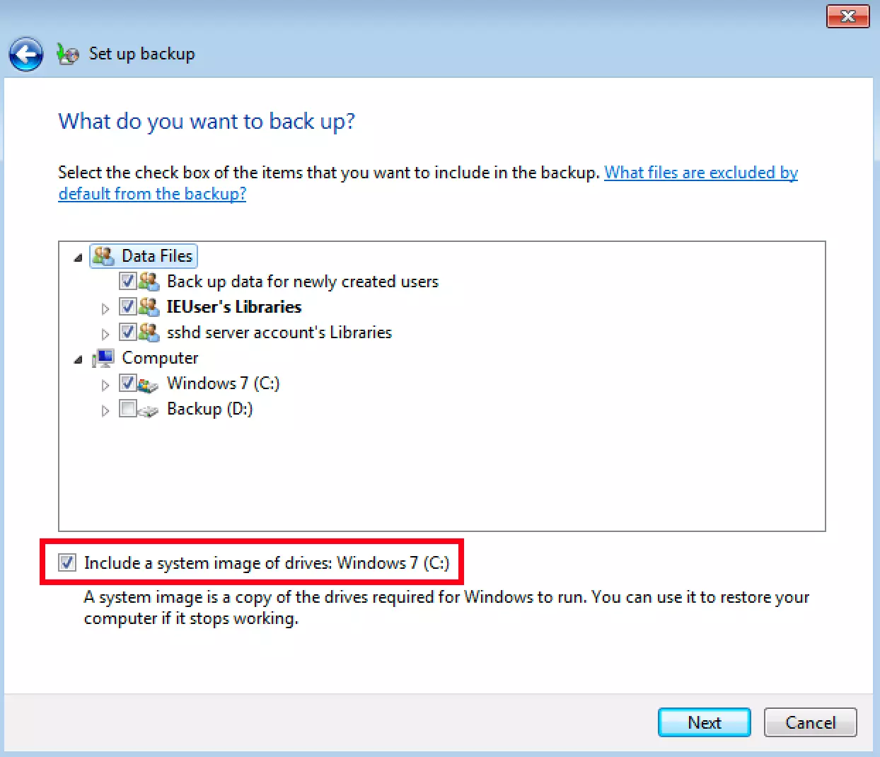 Selezione manuale delle directory per un backup in Windows 7