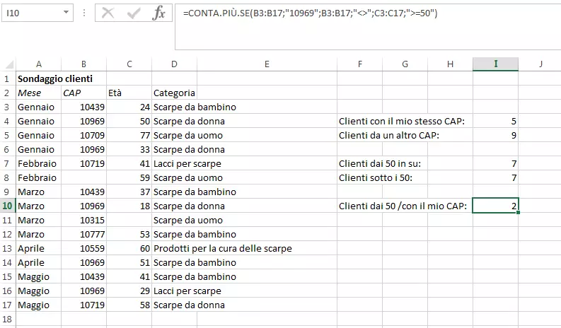 Screenshot di una tabella Excel con la funzione CONTA.PIÙ.SE e tre criteri di ricerca