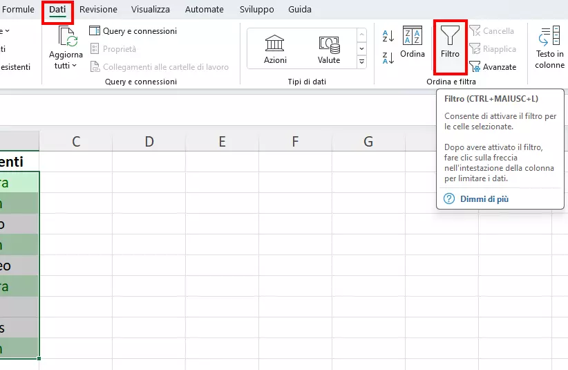 Filtro di Excel