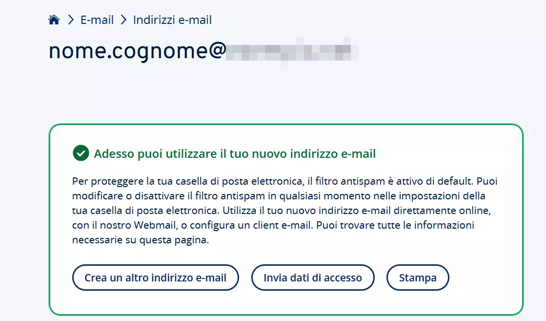 Messaggio di avvenuta creazione dell’indirizzo e-mail nell’area cliente di IONOS