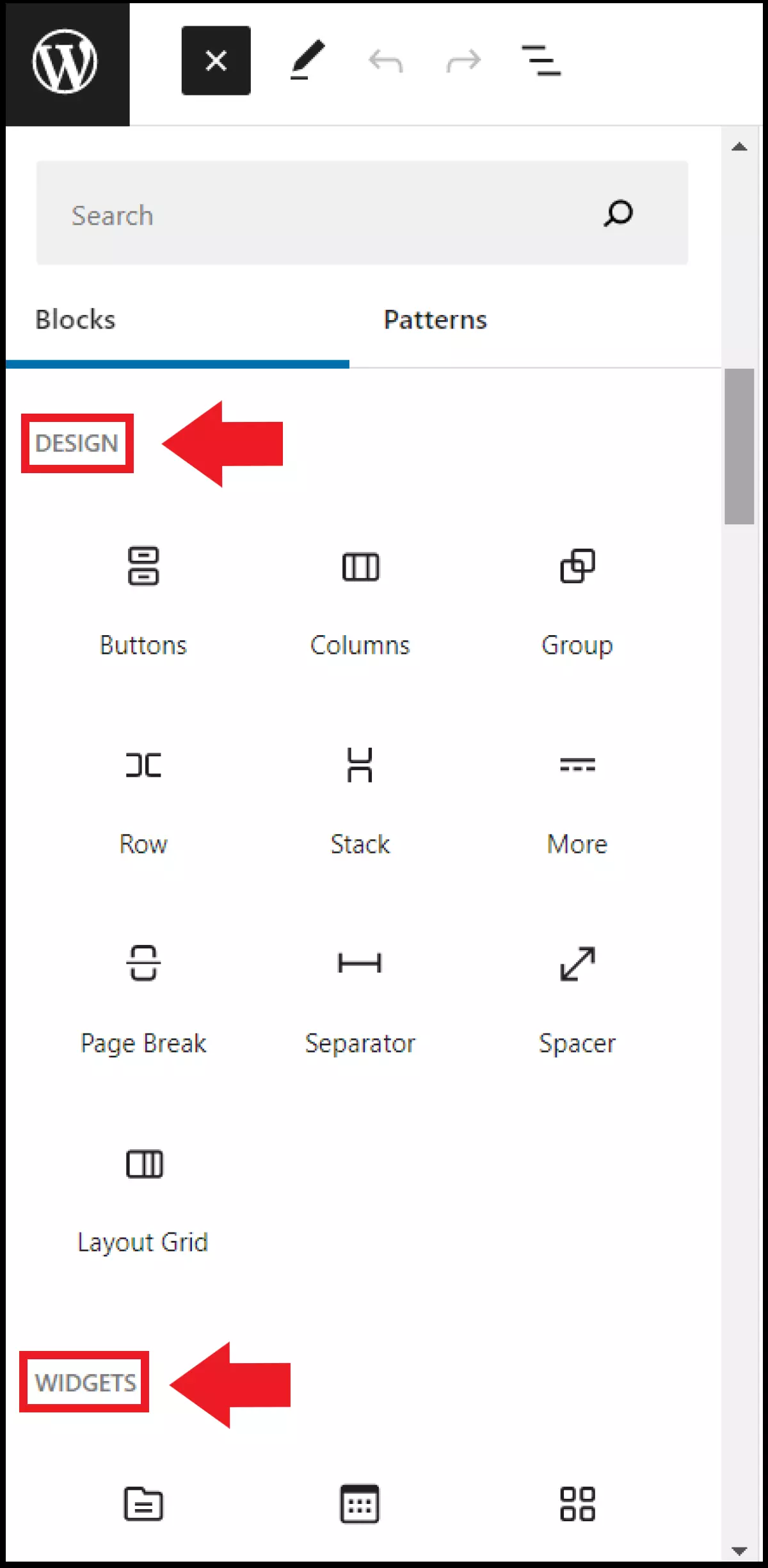 Le voci “Aspetto” e “Widget” all’interno del menu dell’editor