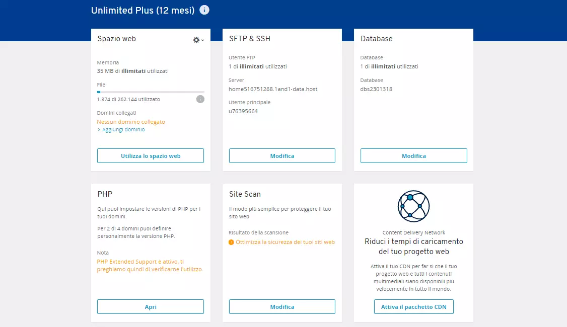 Pannello di controllo IONOS: scheda PHP nella panoramica dell’hosting