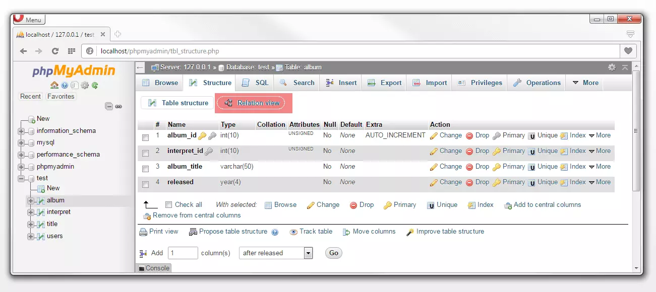 phpMyAdmin: tab “Structure“, pulsante “Relation view“