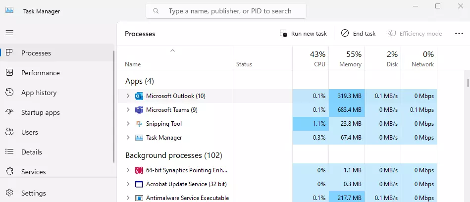 Visualizzazione della Gestione attività per terminare il processo Microsoft Outlook