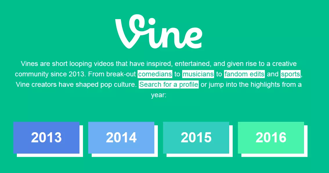 La pagina iniziale di Vine in lingua inglese