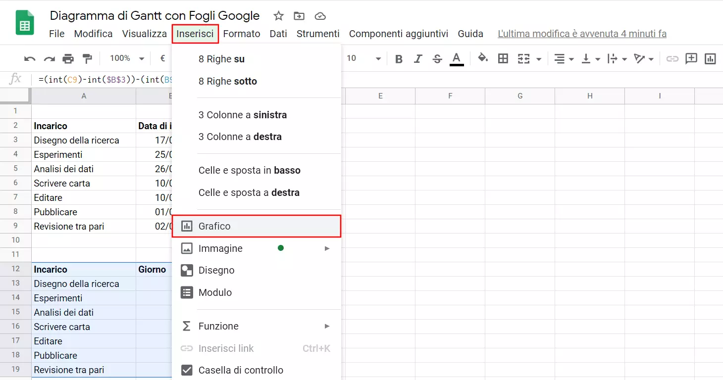 Menu “Inserisci” di fogli Google