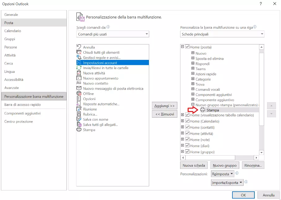 Finestra Opzioni Outlook con il nuovo gruppo e il comando “Stampa“