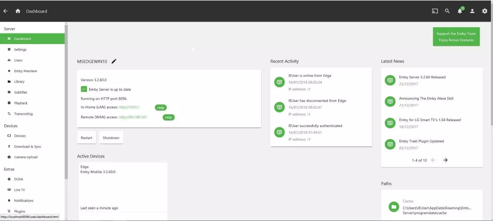 La dashboard di Emby nel back end